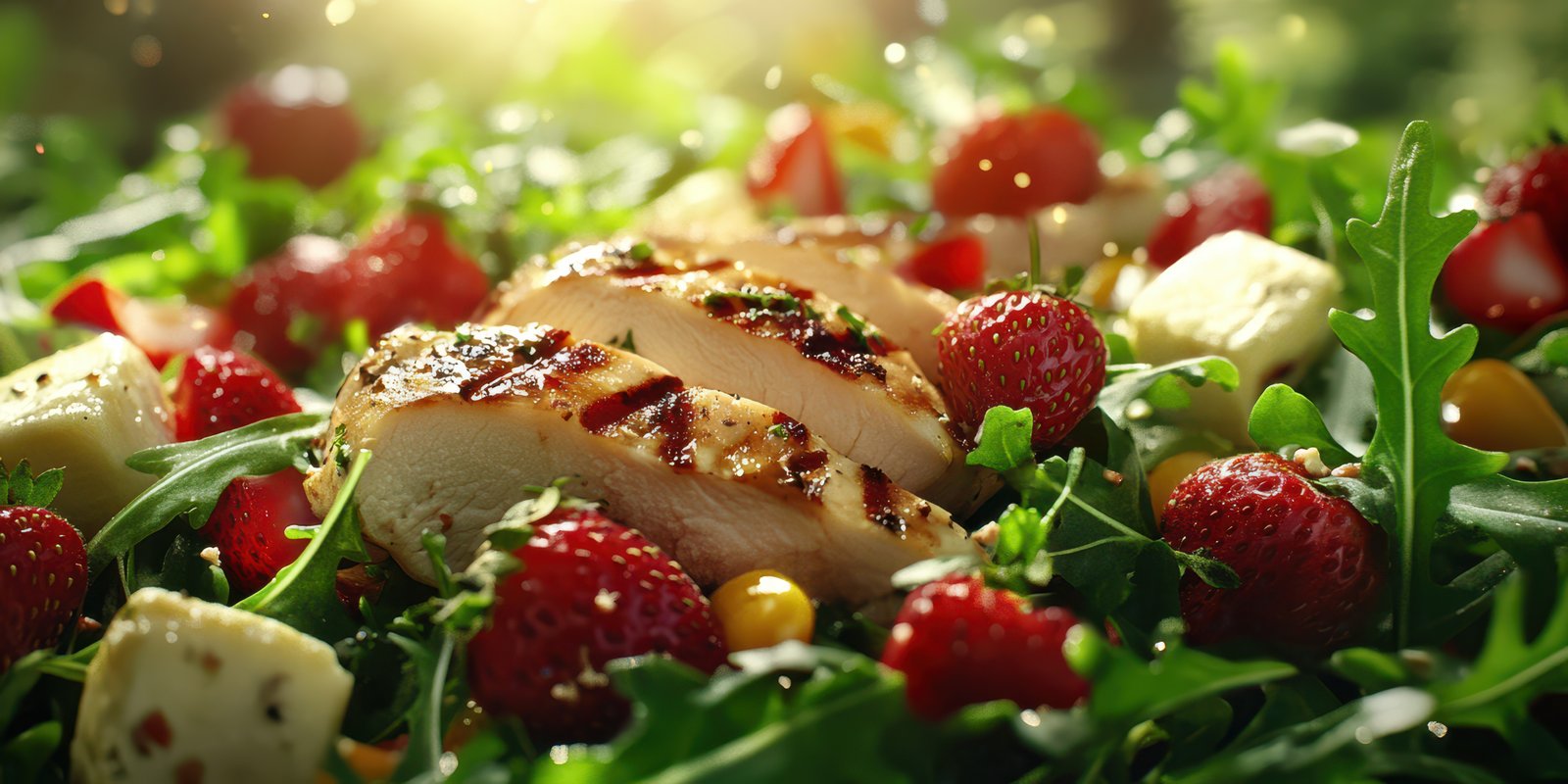 Grilled chicken salad with fresh strawberries and herbs in a sunlit outdoor setting